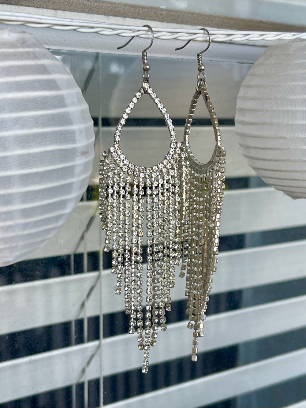 Silver Rhinestone Fringe Teardrop Dangle Earrings